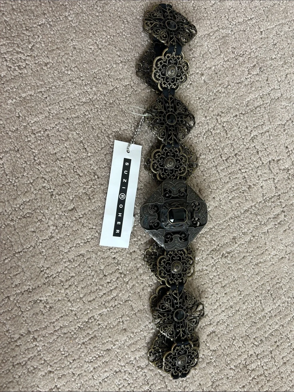 Suzi Roher Black and Antique Gold Filigree Wide Statement Belt